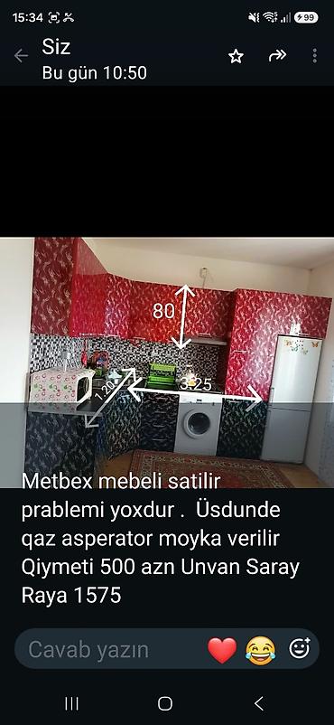 qaz açari: Mətbəx mebeli satılır. Qırmızı/parlaq fasadlı künc dəstidir. Ölçülər — 1