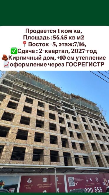 Батирлерди сатуу: 1 бөлмө, 54 кв. м, 7 кабат, ПСО (өзү оңдоп түзөтүп бүтүү үчүн)