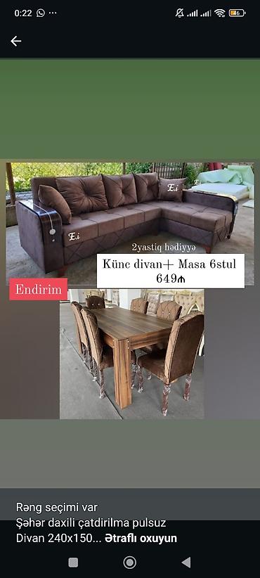 Divan və masa dəstləri: Künc divan + masa və 6 stul dəsti - Komplekt: L‑şəkilli künc divan — 1