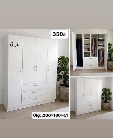Ağ rəngdə 4 qapılı paltar dolabı – model G_1. Düz xətli, minimal