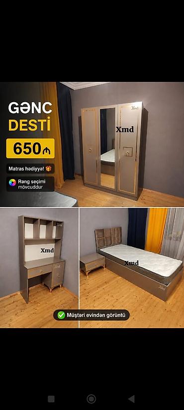 masa dəsti: Gənc dəsti – 650₼ Matras hədiyyə! Komplekt: - 3 qapılı şkaf: ortada — 1