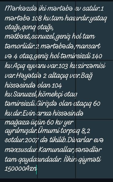 xırdalanda evlərin satışı: 8 комнат, 160 м², Нет кредита, Свежий ремонт