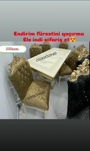 Masa və oturacaq dəstləri: Qonaq otağı üçün, Yeni, Açılmayan, Dördbucaq masa, 6 stul — 13