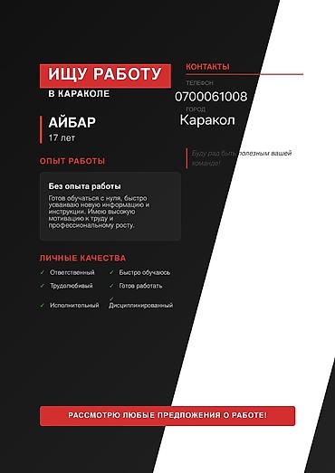ысык кол отель: Услуга: поискатель работы в Караколе Кандидат: Айбар, 17 лет — 1