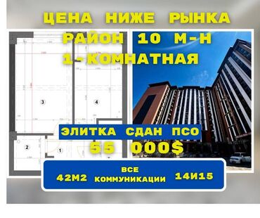 квартира ош обл: 1 бөлмө, 42 кв. м, Элитка, 14 кабат, ПСО (өзү оңдоп түзөтүп бүтүү үчүн)