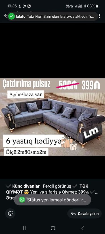 Sifarişlə divanlar: Künc divan, Qonaq otağı üçün, Bazalı, Açılan, Kitab
