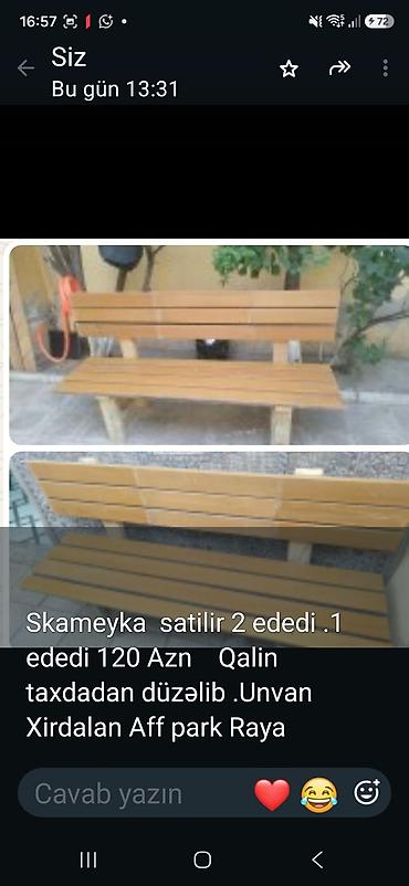 gunluk bag evleri baki: Skamyeika – 2 ədəd. - Material: qalın taxtadan hazırlanıb - Arxalıqlı — 1
