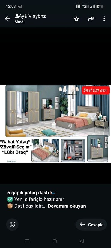 Çarpayılar: *5 qapılı yataq dəsti* 🛏️ ✅ Yeni sifarişlə hazırlanır 📦 Dəst daxildir