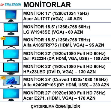 Monitorlar: Monitorlar “17, 18,5, 22, 23, 24, 27’ ” 🚚Metrolara və ünvana