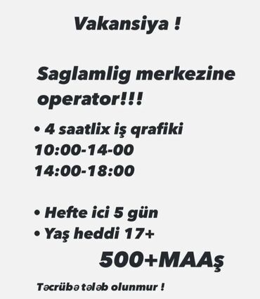 Kassirlər: Çağrı mərkəzi operatoru tələb olunur, İstənilən yaş, Təcrübəsiz, Aylıq ödəniş