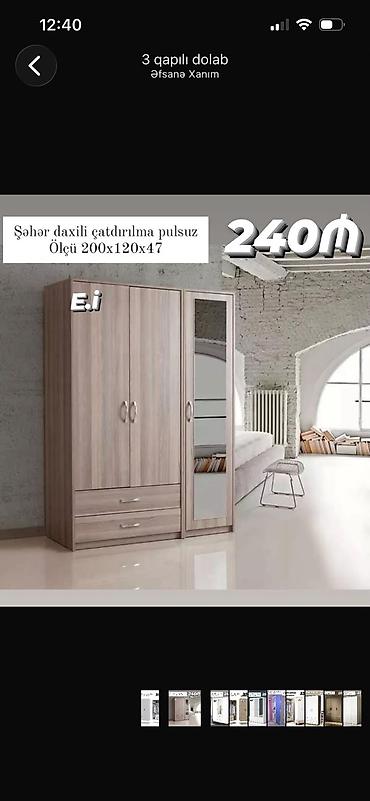 3 qapılı şkaf - Ölçü: 200 x 120 x 47 sm - Material: ağac teksturalı