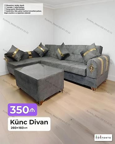 divan üzü: Künc divan – 260×160 sm - Mexanizm: açılan, bazalı - Yastıqlar: 2 — 1