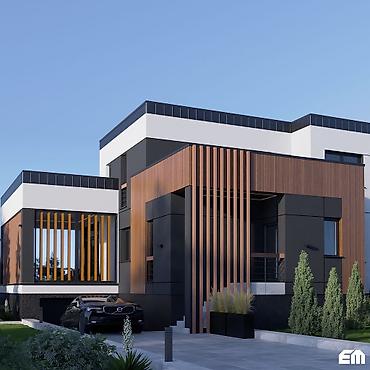 Фасадные работы: Современный двухэтажный дом с плоской крышей и панорамными окнами. - — 20