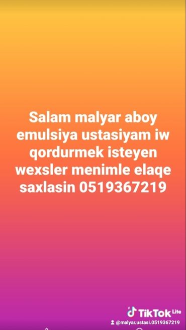 Santexnik işləri: Malyar və aboy xidmətləri – emulsiya, su əsaslı boyalar, kağız və