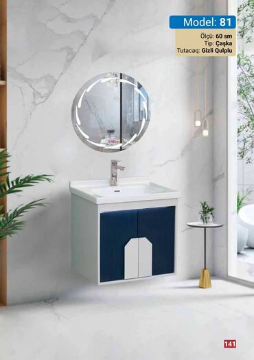 moydadır ölçüleri: 60 sm ölçüdə, gizli qulplu və çaşka tipli lavabo dəsti. Dəst lavabo