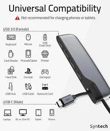 Doking stanice: Syntech USB-C na USB 3.0 hub (4-portni) - Ulaz: USB-C (muški konektor — 11
