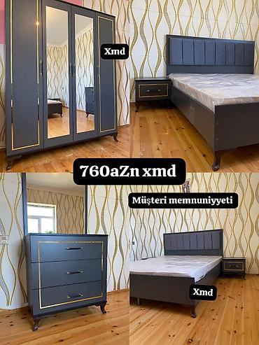 Yataq otağı mebeli dəsti – tünd boz rəngdə, qızılı dekor xətləri ilə