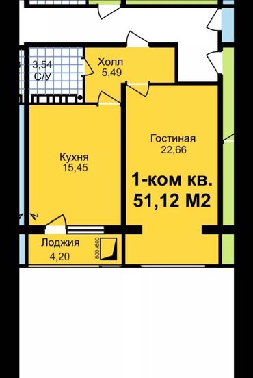 квартиры политех: 1 бөлмө, 51 кв. м, Элитка, 7 кабат, ПСО (өзү оңдоп түзөтүп бүтүү үчүн)
