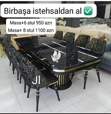 oturacaq: Qonaq otağı üçün dəst – qara mərmər effektli yemək masası və stullar — 1