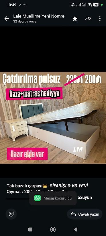 tek kravat: *Tək bazalı çarpayı*👑 _*SİFARİŞLƏ VƏ YENİ*_ *Qiymət : 200₼* Ölçü  — 1