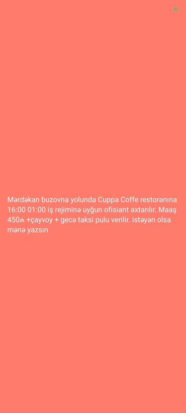 Aşpazlar: Ofisiant tələb olunur, Qəhvəxana, Aylıq ödəniş, 18-29 yaş, Təcrübəsiz