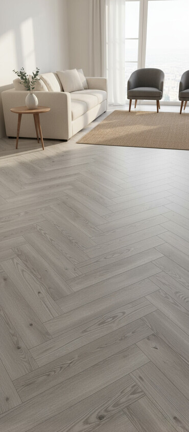 3d panel: Herringbone (balıqquyruğu) naxışlı döşəmə örtüyü – boz-ağac teksturası