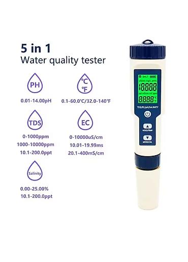 su sayğacı: Şəkildə TDS sayğacı kimi adlandırılan 5-in-1-də su keyfiyyəti test — 2