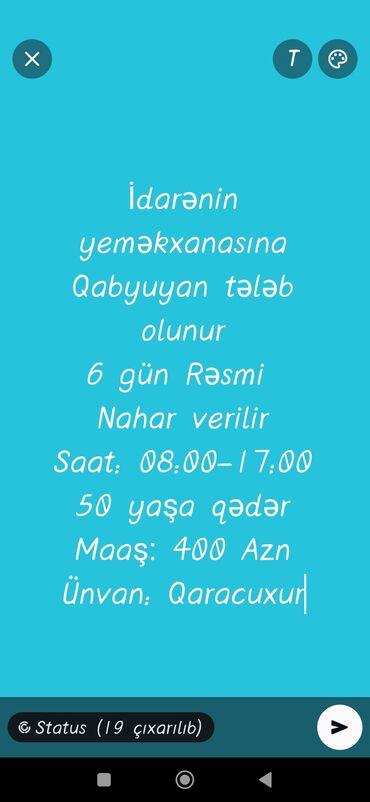 Ev personalı və təmizlik: İdarənin yeməkxanasına Qabyuyan tələb olunur 6 gün Rəsmi Nahar