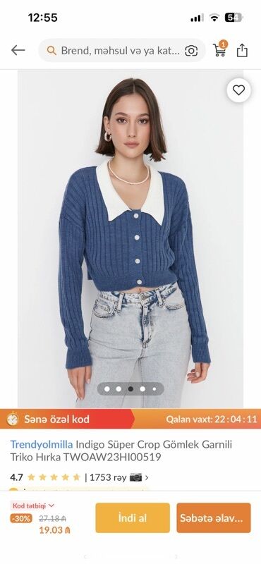 Костюмы: Trendyolmilla markasına aid, indigo rəngli, super qısa triko hırka. Bu