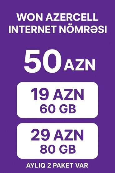 inter: WON Azercell internet nömrəsi - Ümumi qiymət: 50 AZN - Aylıq