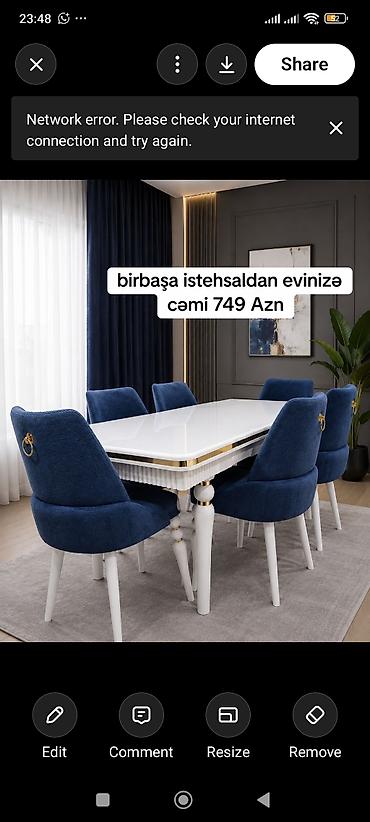 stul ev: Yemək otağı dəsti – 1 masa + 6 stul - Masa: parlaq ağ səth — 1