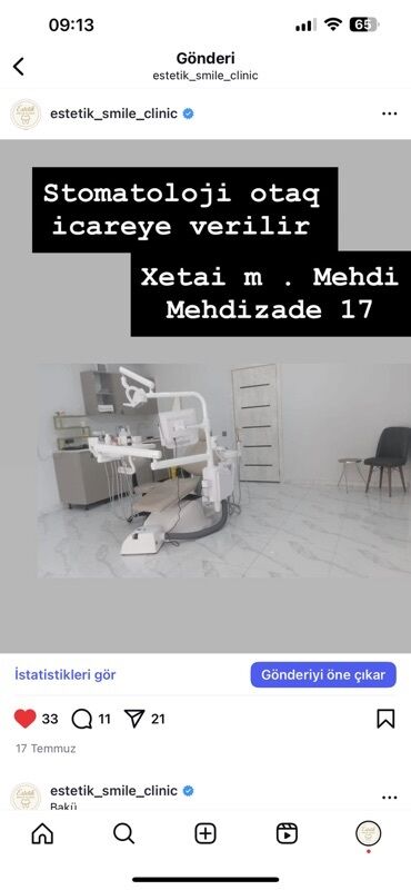 bakixanov kiraye evler 1 otaqli: Xətai rayonu, Mehdi Mehdizadə küçəsi 17 ünvanında yerləşən stomatoloji