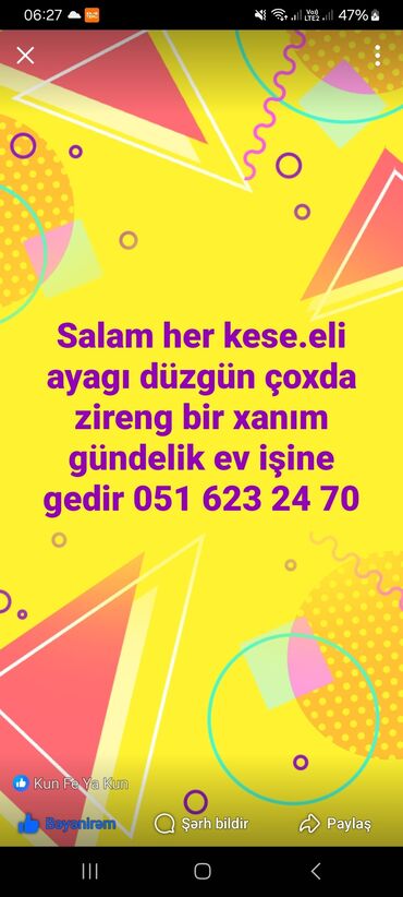 Əməkdaş axtarışı (vakansiyalar): Gündelik ev işlerine gedir çox təmizkar ve zireng xanımdır.ailelidir