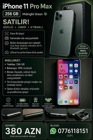 iphone 11 satışı: IPhone 11 Pro Max, 256 GB, Matte Midnight Green, Face ID, Simsiz şarj — 1