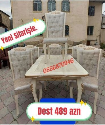 Masa və oturacaq dəstləri: Qonaq otağı üçün, Yeni, Açılmayan, Dördbucaq masa, 6 stul — 9