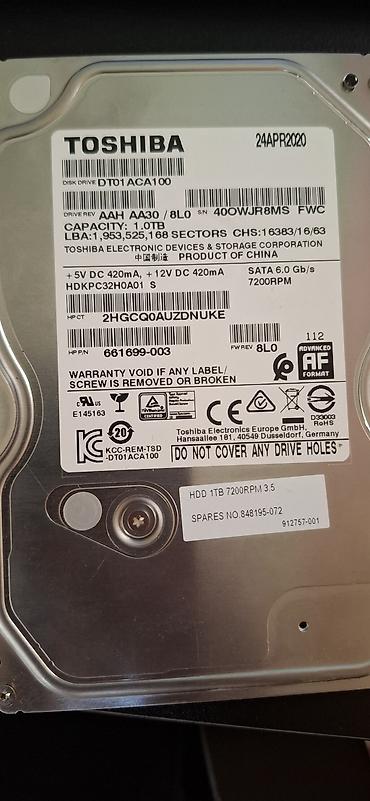 komputer islənmis: Daxili Sərt disk (HDD) Toshiba, 1 TB, 7200 RPM, 3.5", İşlənmiş — 1