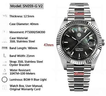 Ručni satovi: San Martin SN0059-G V2 -40mm-MOP Plava/Rolex Datejust Potpuno NOV — 10