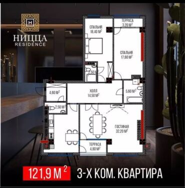 шлагбаум квартиры: 3 комнаты, 122 м², Элитка, 2 этаж, ПСО (под самоотделку)