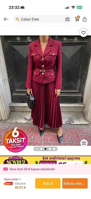 bordo şalvar: Ağ saruçka -20m Qadın geyim dəsti – 38 (M) ölçü -40m 1) Bordo ceket — 2