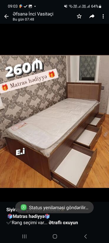 bazali tek carpayilar: *Siyirməli Çarpayı 260AZN💥* *🎁Matras hədiyyə🎁* ✔️Rəng seçimi var