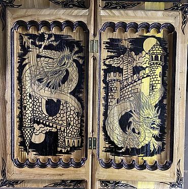 Нарды: Нарды ШАХМАТЫ на заказ ручной работы из дерева, украшенные резьбой — 3