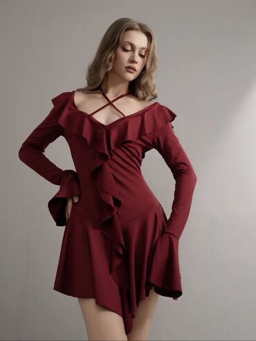 Танцевальные платья: Бальное платье, Латина, Короткая модель, цвет - Бордовый, L, XL, В наличии — 4