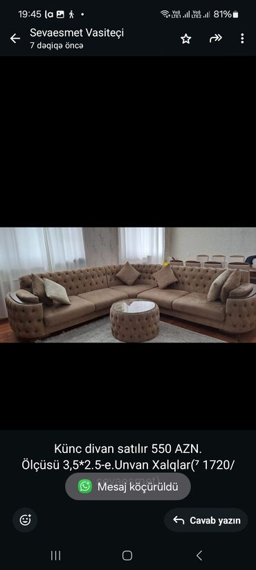 Divan və kreslo dəstləri: Künc divan, İşlənmiş, Çatdırılma yoxdur
