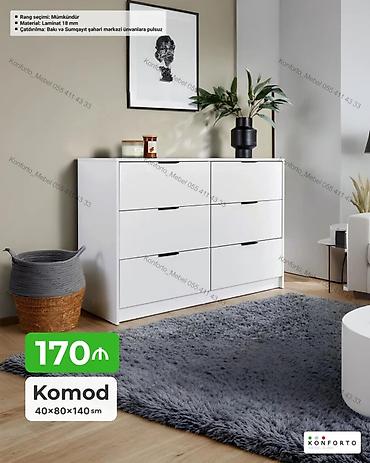 Komodlar: Komod – minimalistik dizaynlı, geniş tutumlu. Ölçülər: - 40 × 80 × — 1