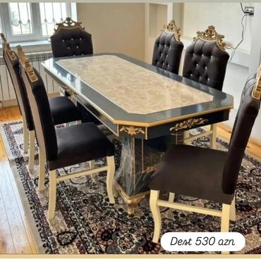 Masa və oturacaq dəstləri: Qonaq otağı üçün, Yeni, Açılmayan, Dördbucaq masa, 6 stul — 4