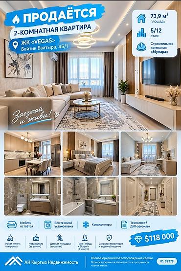 2 комнаты, 73 м², Асанбай мкр Элитка, 5 этаж, Евроремонт