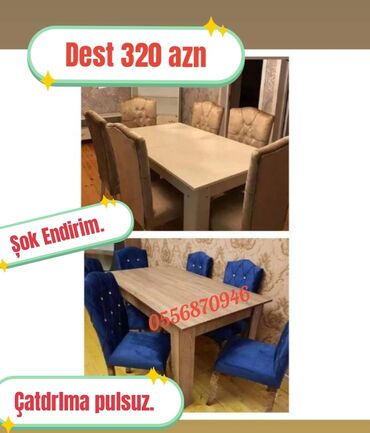 Masa və oturacaq dəstləri: Qonaq otağı üçün, Yeni, Açılmayan, Dördbucaq masa, 6 stul — 28