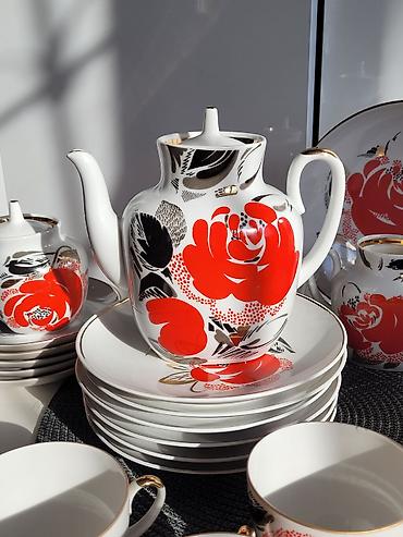 çay servisi: Çay dəsti, rəng - Qırmızı, Farfor, SSRİ — 4
