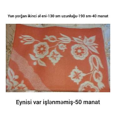 Текстиль: Yun yorğan. Ölçü: eni 130 sm, uzunluğu 190 sm. Rəng: narıncı, üzərində — 1