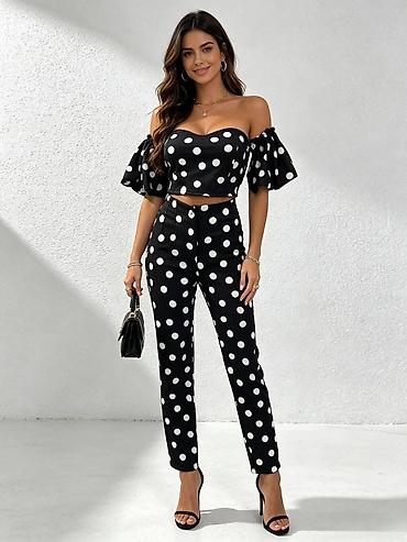 ps helanke: Damski komplet – crop top i pantalone na tufne - Boja: crna sa belim — 1